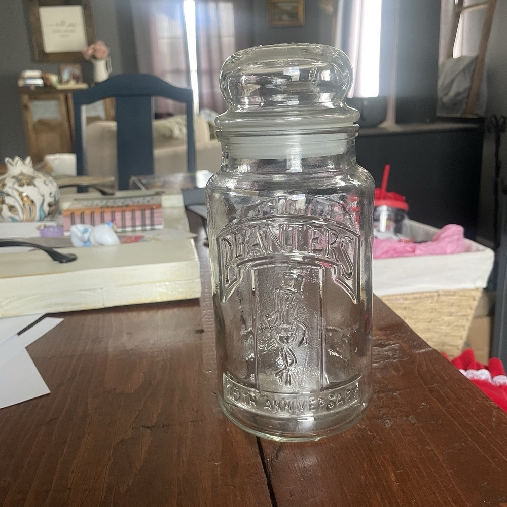Vintage 1981 75th Anniversary Planters Mr. Peanut Clear Glass Jar Lid Canister